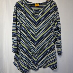 Ruby Rd Women's XL Tunic Top Striped Blue Green V Neck Silver Bar 3/4 Sleeve Fit